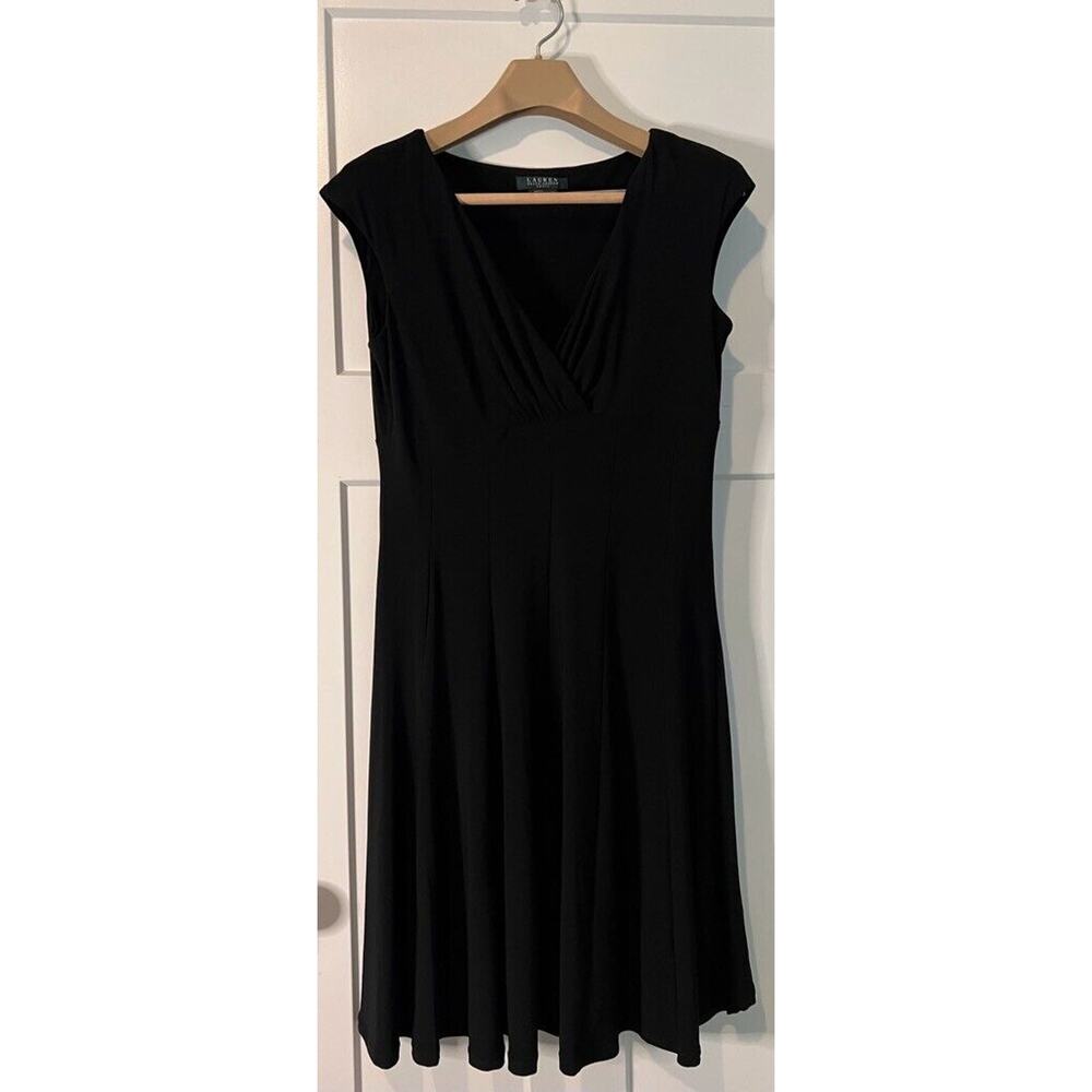 Lauren Ralph Lauren Womens Sheath Dress Black Surplice Neck Pleated Midi LBD 10